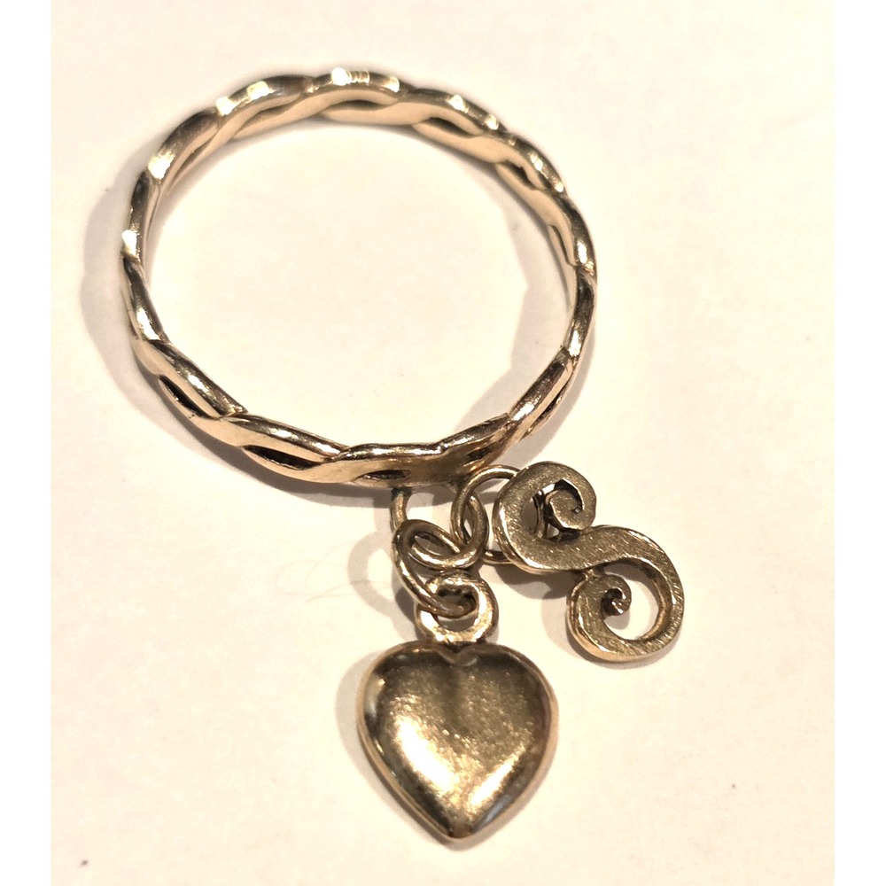 14KT Yellow Gold Pinky Ring w Dangling Heart and Initial S Charms - Size 5.25